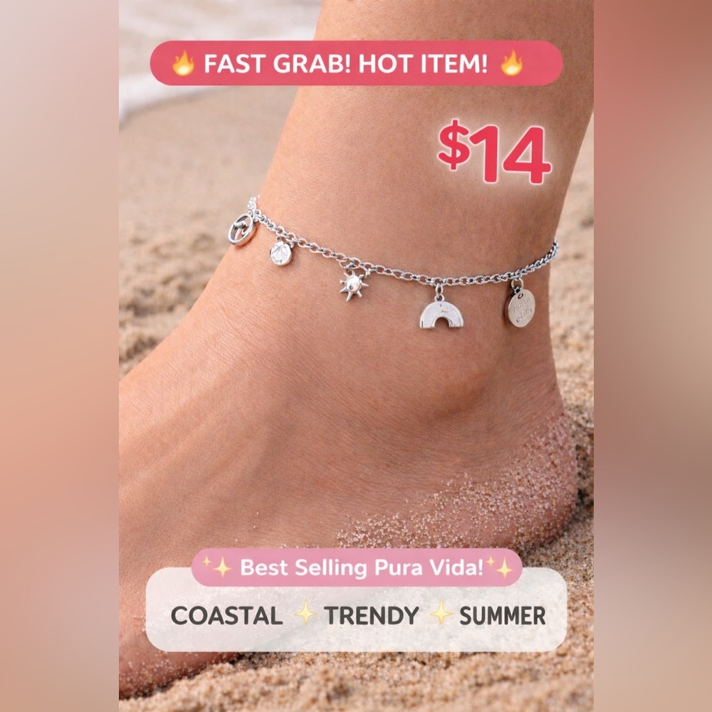 Pura Vida Silver Charm Anklet 🌊 Beachy Sun Shell Palm Tree Adjustable